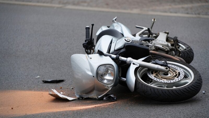 A dramatic motorcycle accident scene, showcasing a fallen bike amidst scattered glass and debris on the road, highlighting the dangers of road safety.
